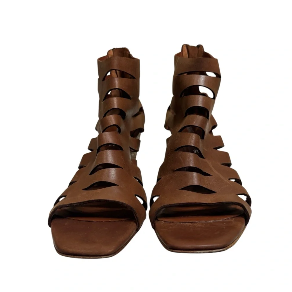 Aquatalia‎ Brown Leather Cage Woven Wedge Sandals Womens Size 9.5